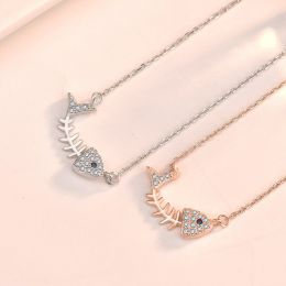 Gift CZ Fish Bones 925 Sterling Silver Necklace - Silver